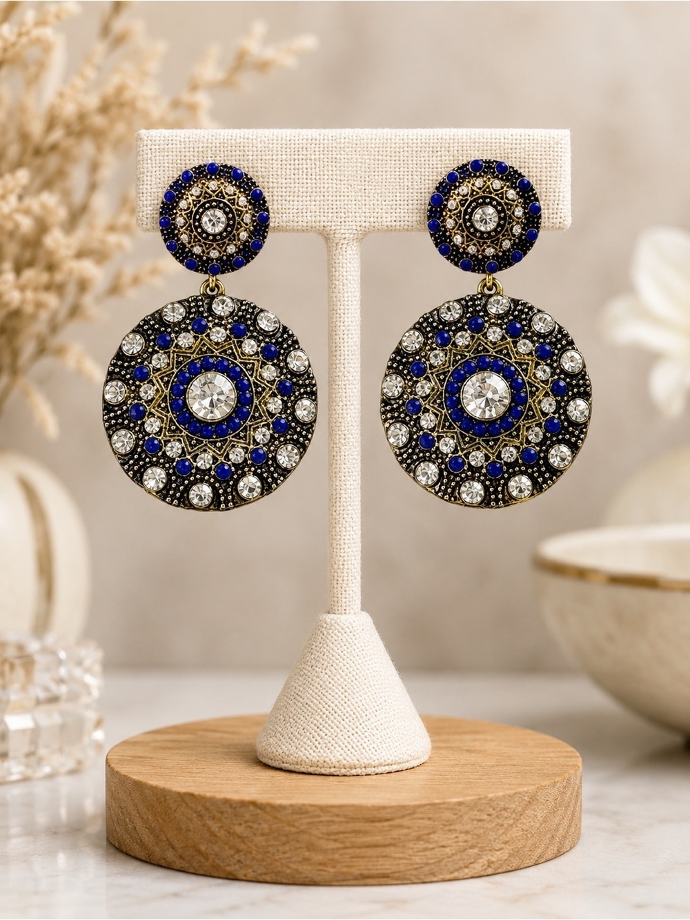 Moroccan Medallion Dangle Earrings Blue Crystal Gold Tone Bohemian Glam